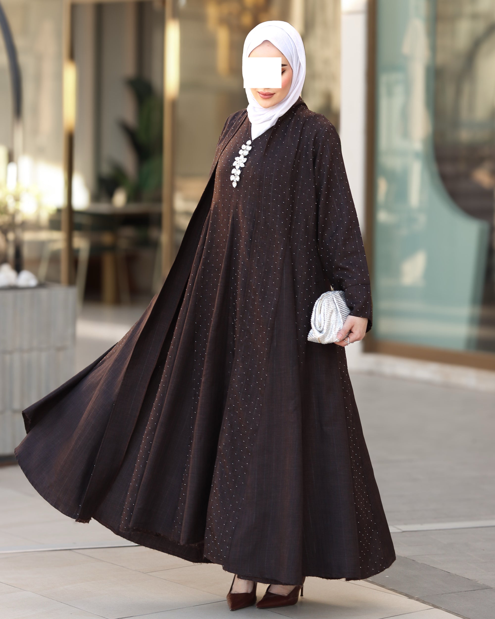 طقم دراعة من الكتان – بني داكن